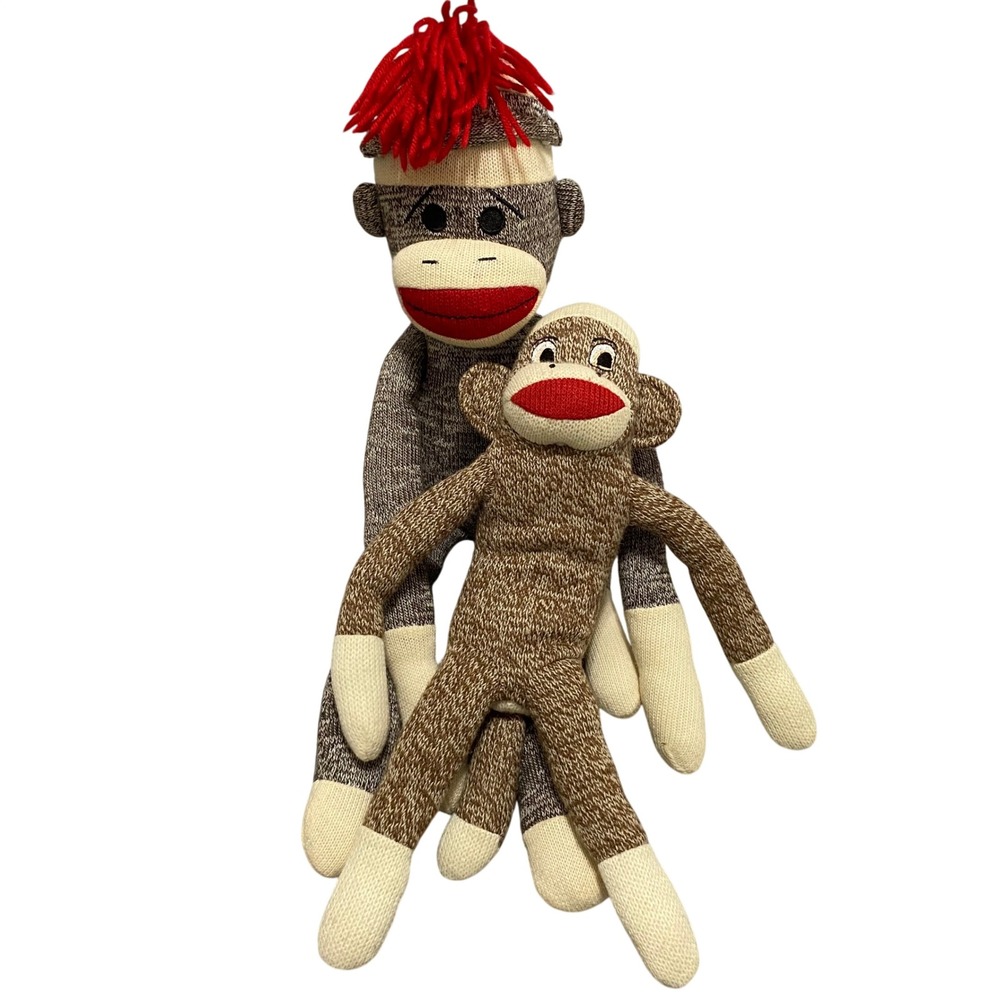 Vintage Style Sock Monkey Plush Set Schylling 20" & Street Players 14" Brown Red
